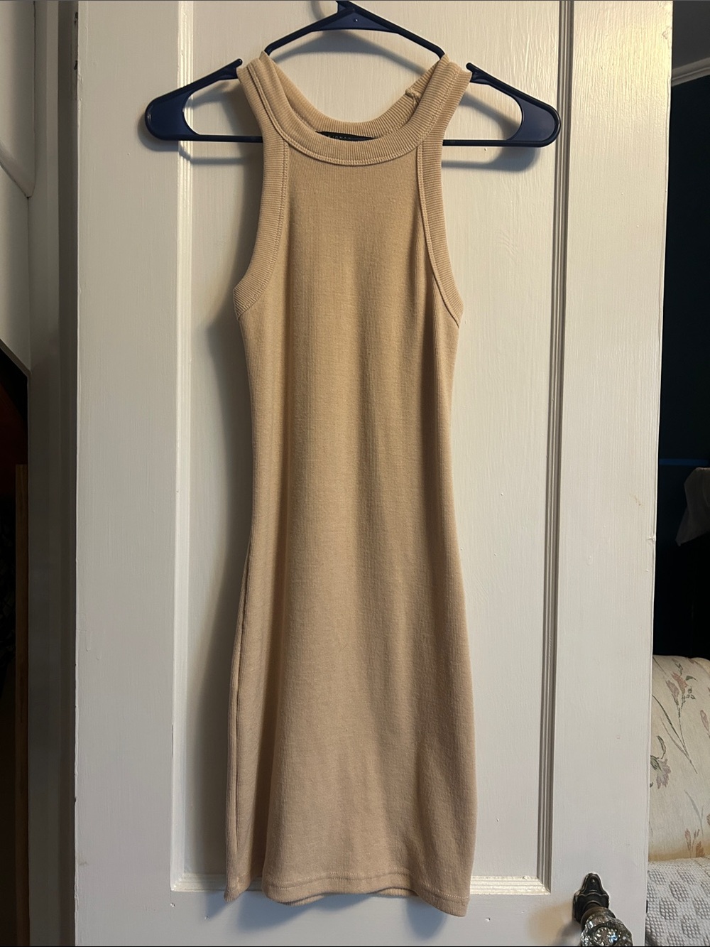 Sleeveless Beige Knit Racerback Tank Dress